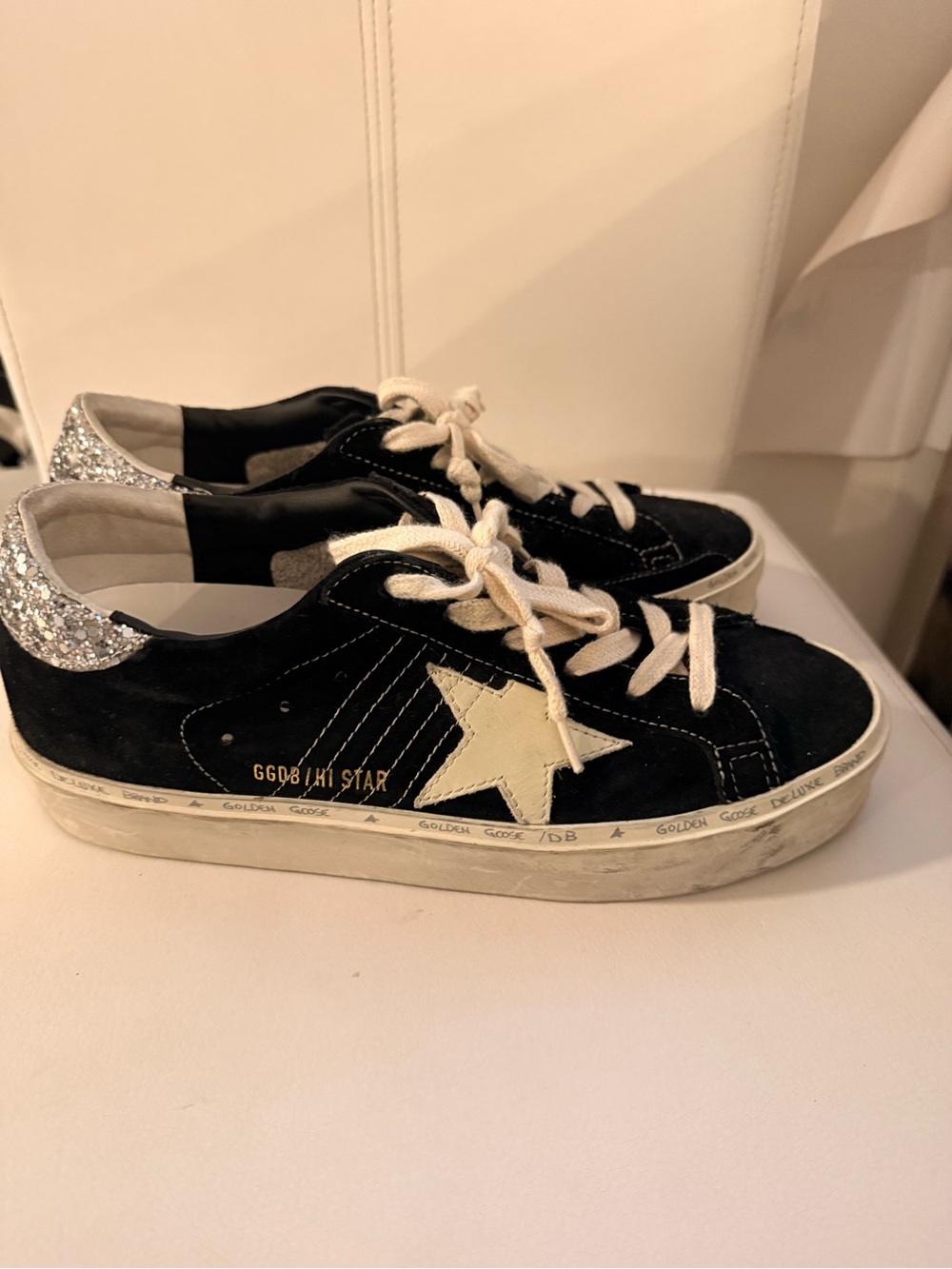 Golden Goose Hi Star Black Suede Sneakers with Silver Glitter Heel